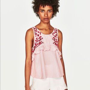 Zara Pink Striped Red Embroidered ruffle tank